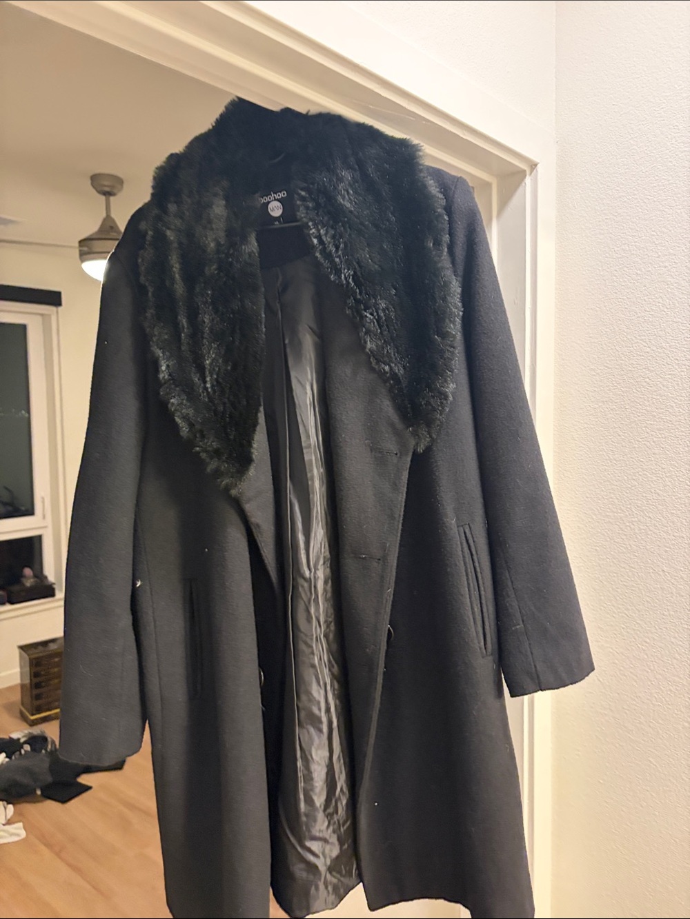 Boohooman Oversized  Black Faux-Fur Collar Wool Blend Coat - Jacket XL